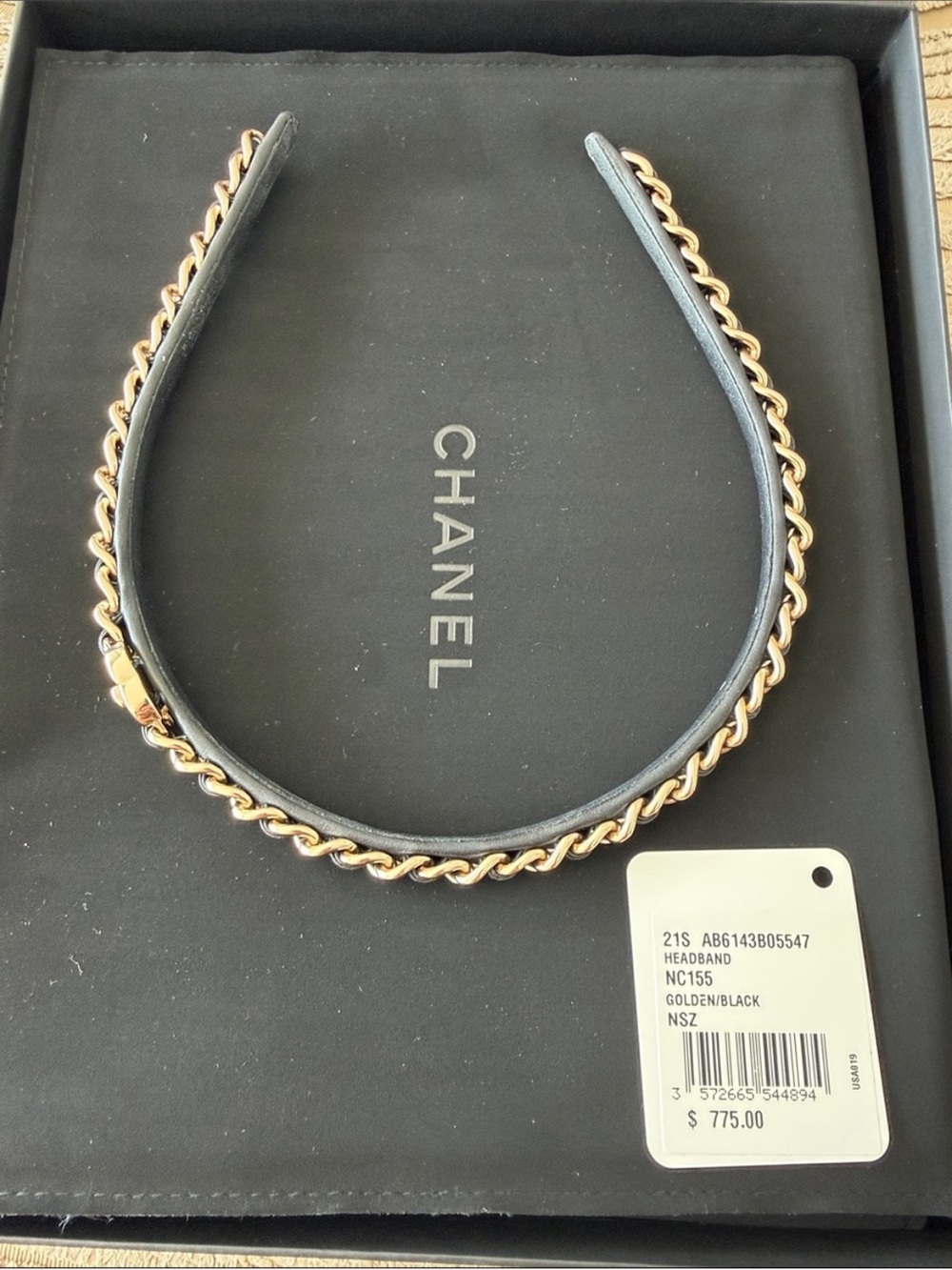 CHANEL Gold & Black Chain-Trim Headband